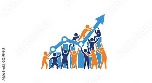 Teamwork driving business growth graph with upward arrow and diverse people icons