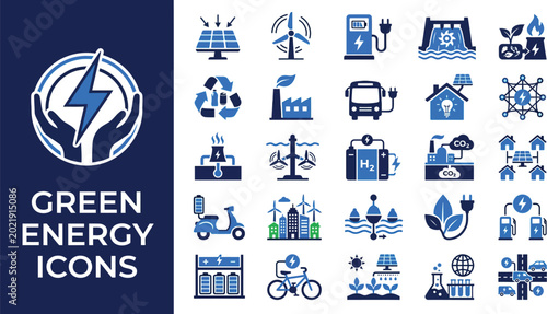 Green energy icons illustrate various sustainable technologies and renewable power solutions in a clean blue and white graphic style.