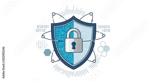Foto Digital Security Shield with Lock, Binary Code, and Network Elements