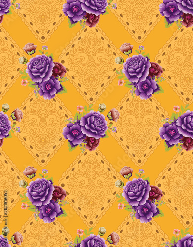 Seamless Pattern with Purple Peonies and Ornamental Background
