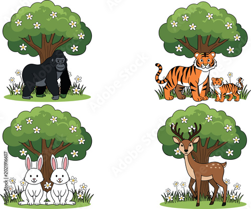 Photography Cute Cartoon Wild Animals in Forest Nature Scene Set Gorilla Tiger Rabbit Deer w