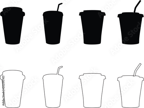 Disposable Coffee Cup Icons Set Black Silhouette and Outline Vector Illustration