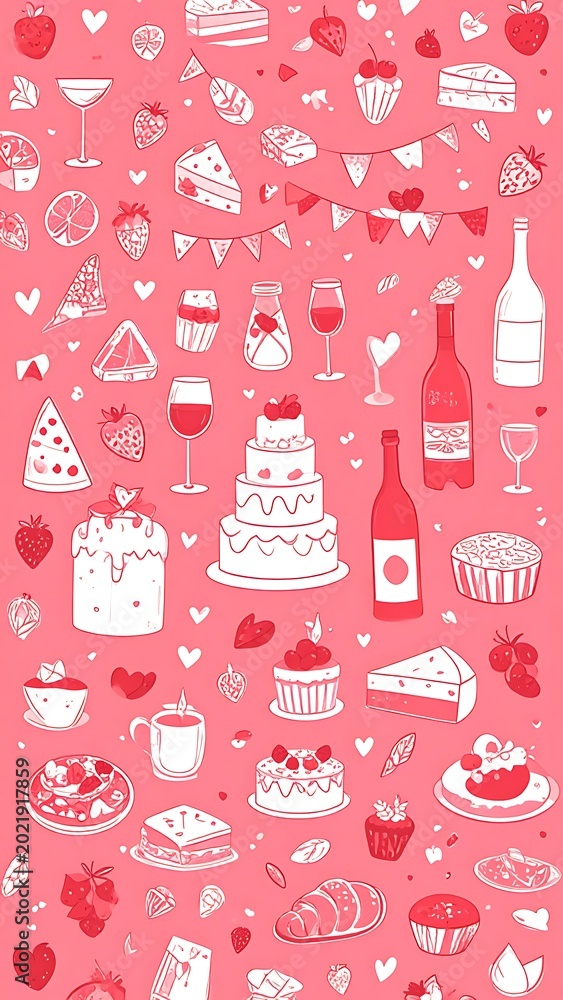 Naklejka premium A pink pattern featuring various food and drink icons