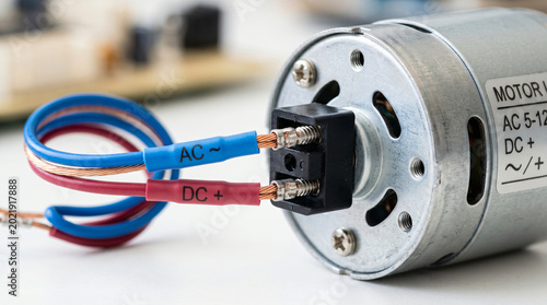 Close-up of small electric motor with blue and red wires labeled AC and DC power connections