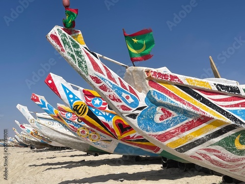 Colorful traditional fishing boats in Nouakchott, Mauritania