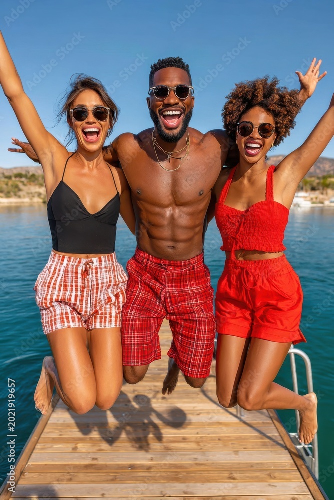 Fototapeta premium Three friends jumping off a dock into a lake on a sunny summer day, smiling and carefree