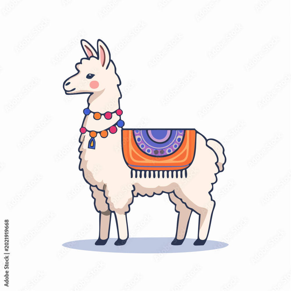 Fototapeta premium Cute Cartoon Llama with Colorful Blanket and Beads