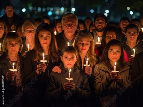 People holding lit candles in a dark room