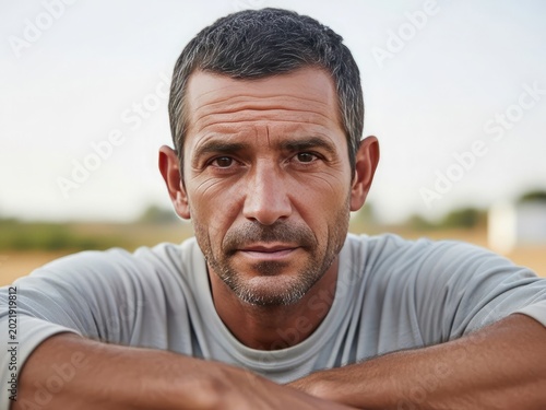 Smiling middle aged man in a gray t shirt outdoors