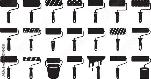 Set of black paint roller icons for home improvement and wall renovation projects