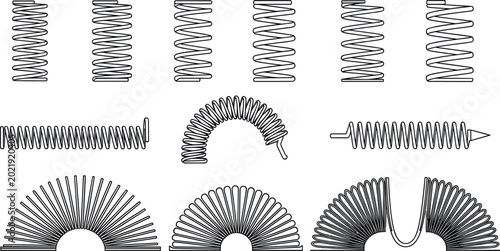 Foto Vector set of different coil and spring illustrations including compression extension torsion and slinky toy elements in clean technical line style design