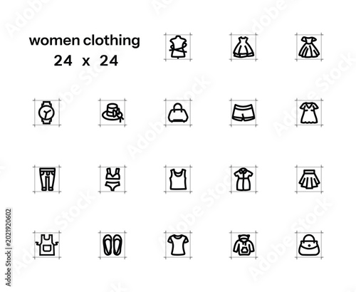 Collection of minimalist outline vector icons with different types of women's shoes. 24x24, editable contour.