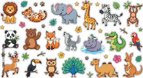 Canvas Print Cute Wild Animal Sticker Collection with Lion Tiger Elephant Giraffe Zebra Monke