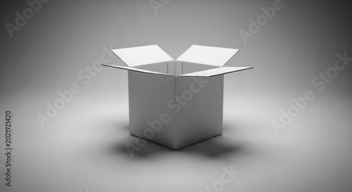 An open cardboard box sits on a plain surface in a studio.