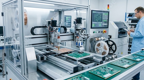Technician in lab coat working on computer circuit board assembly line with automated machinery and control panel Ai Generated.
