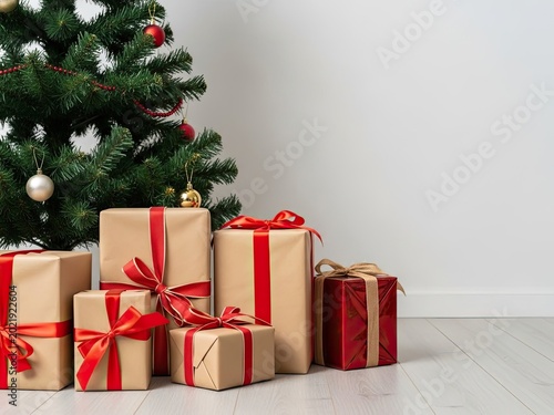 Wrapped presents under a christmas tree