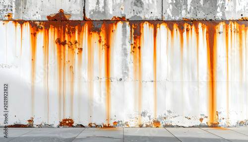 White plaster wall featuring heavy vertical rust streaks dripping from top iron fixings showing sharp contrast between matte and oxidation generative AI