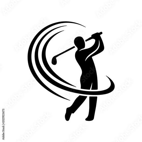 icon representing a golf club swing through fluid, sweeping motion lines. This minimalist black and white vector captures the energy, speed, and rhythm of a professional golf stroke in a modern
