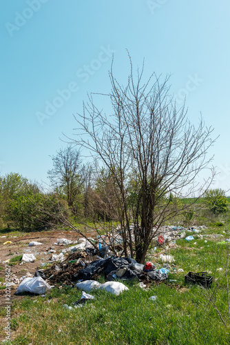 Illegal household waste and plastic garbage bags dumped around a small tree in a green field under a clear blue sky