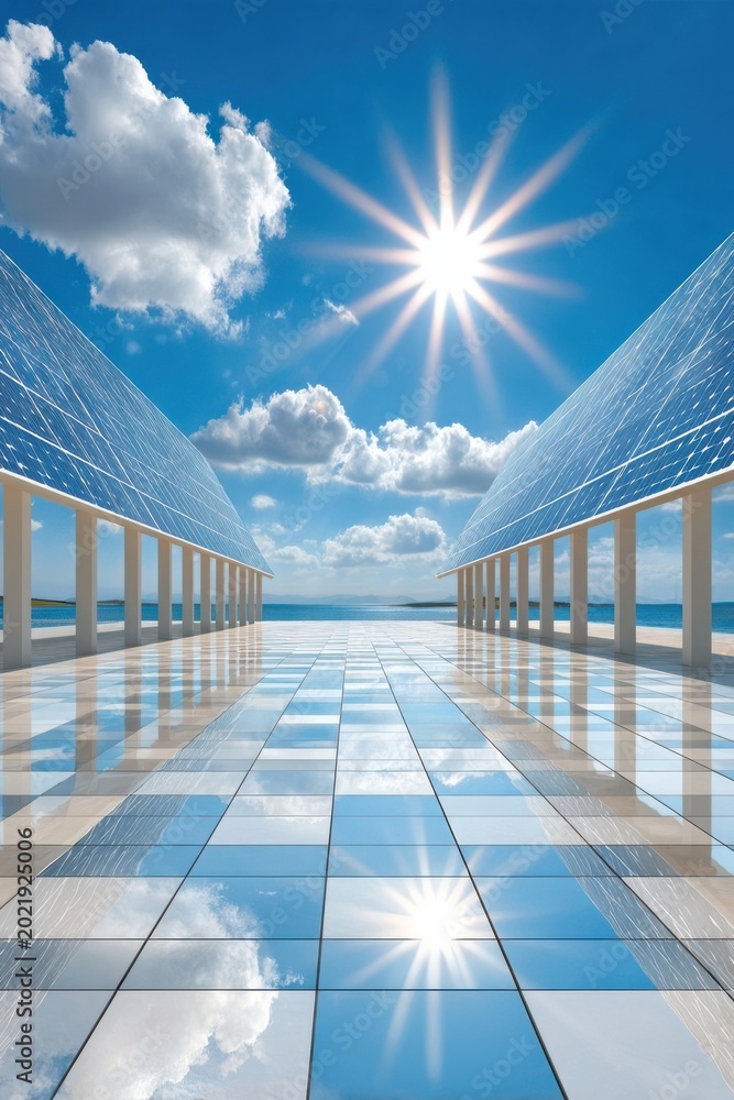 Fototapeta premium Bright solar panels array on reflective walkway under a clear sun for renewable energy and sustainability