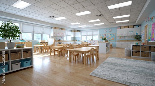 Bright and Inviting Empty Preschool Classroom with Natural Light and Child-Sized Furniture