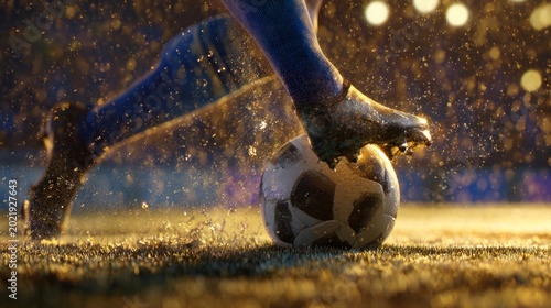 A professional football player kicking a ball during a World Cup match, dynam...