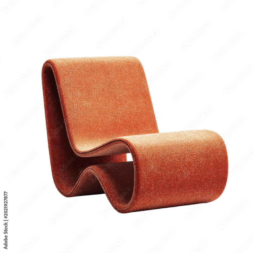 Obraz premium Bold terracotta curved lounge chair displayed against a pure white background, highlighting its unique design and clean edges.