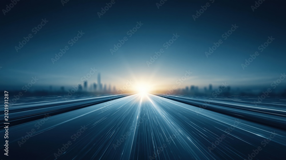 Obraz premium Abstract Speeding Highway Towards Cityscape at Sunrise, Motion Blur Effect