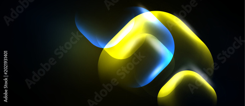 Fotografie Abstract shapes, vibrant yellow, blue glows dominate dark background