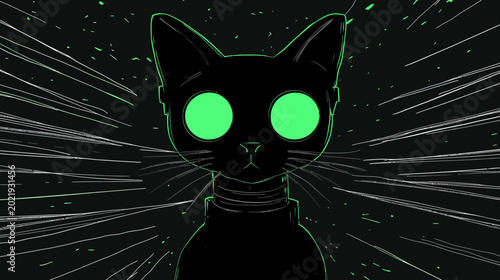 Neon outline of a cat with green-eyed stare against space backdrop