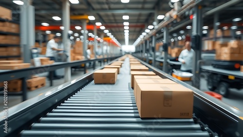 A conveyor belt with packages moving swiftly in a logistics center.