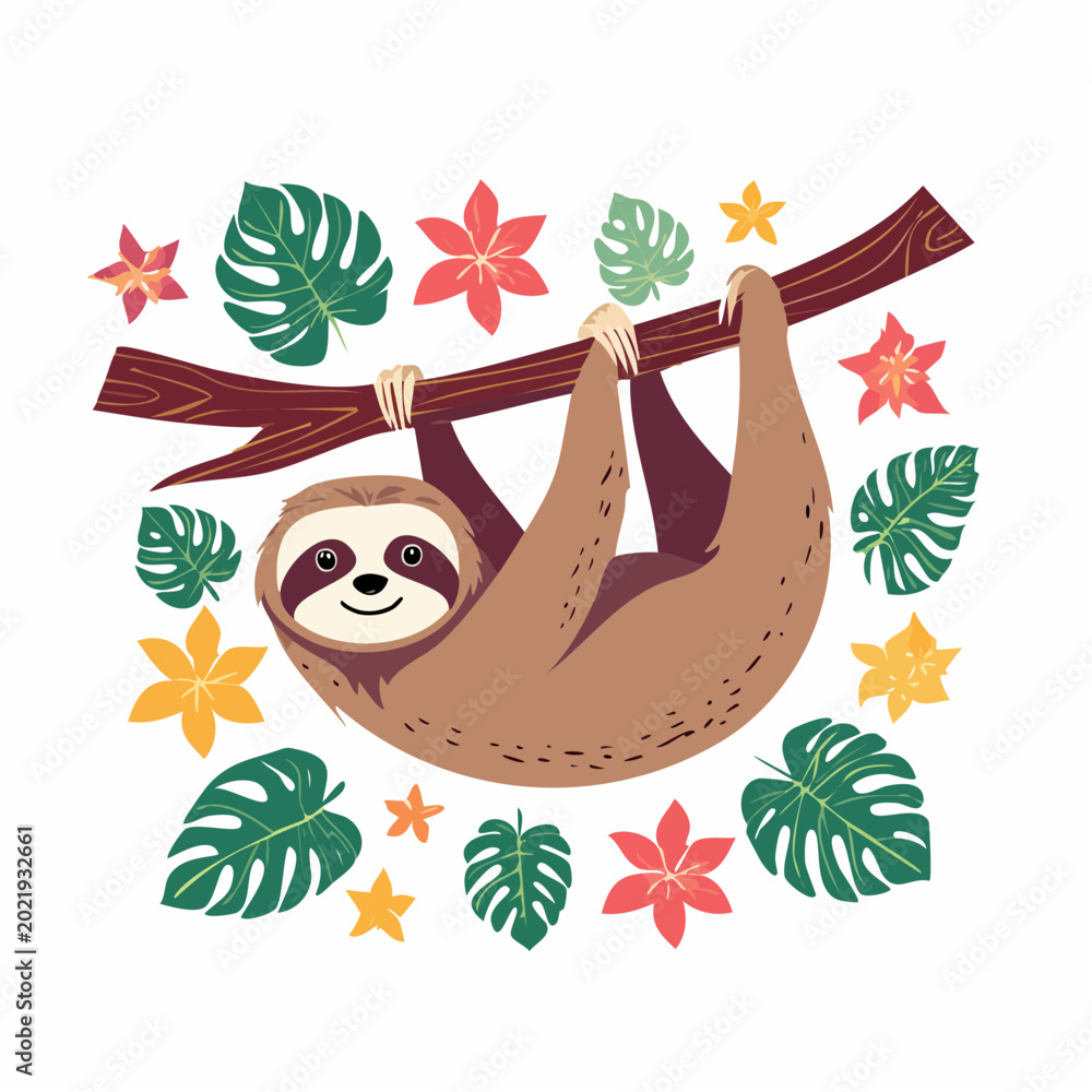 Fototapeta premium Cute Sloth Hanging on a Branch with Tropical Leaves and Flowers