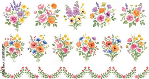 Obraz na płótnie Watercolor Style Floral Bouquet Collection with Vibrant Wildflowers, Rose Bunche