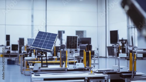 Cleanroom facility producing solar panels for satellite technology, showcasing advanced robotics and precision engineering in a modern industrial setting