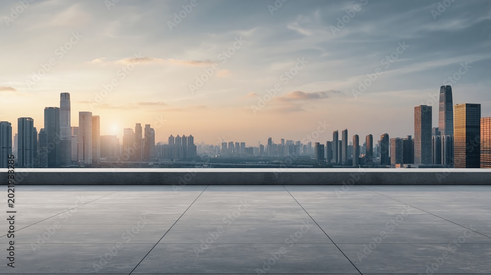 Obraz premium Panoramic cityscape at sunset with modern skyscrapers and an empty rooftop terrace for copyspace
