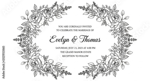Elegant floral wedding invitation with names Evelyn and Thomas.