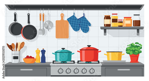 Modern kitchen interior scene with stove, colorful pots, pans, hanging utensils, cutting board, and spice jars on a white tiled wall.