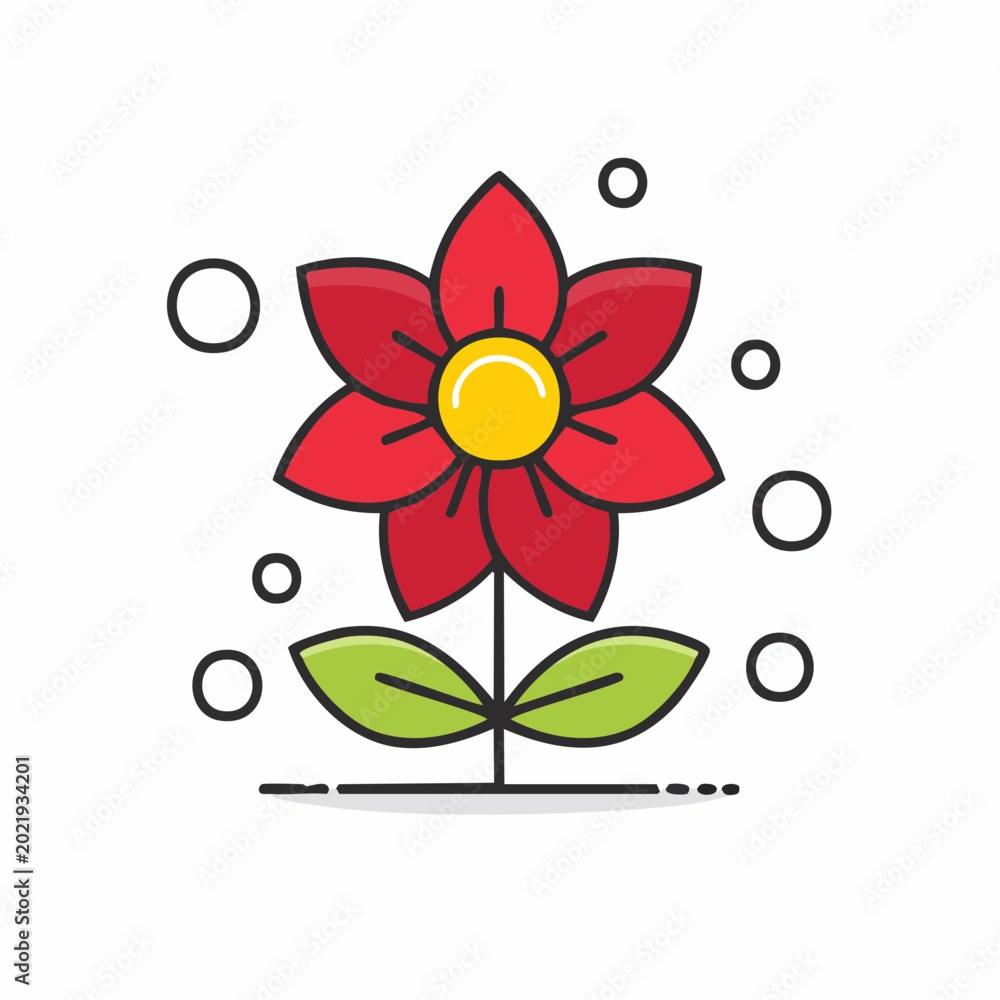 Fototapeta premium Stylized Red Flower with Yellow Center and Green Leaves