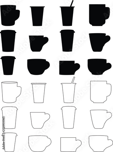 Large Set of Coffee Cup and Mug Icons in Black Silhouette and Thin Line Art Vector