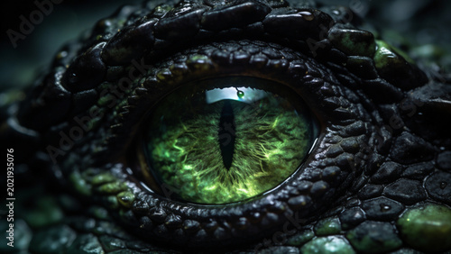 Extreme close up of a mythical creature's eye, with a glowing iris and a vertical pupil blinking slowly in the dark, surrounded by black scaly skin