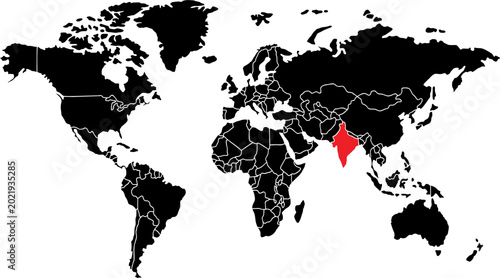 World Map Silhouette with India Highlighted in Red - South Asia Location Vector Map