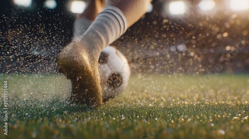 A professional football player kicking a ball during a World Cup match, dynam...