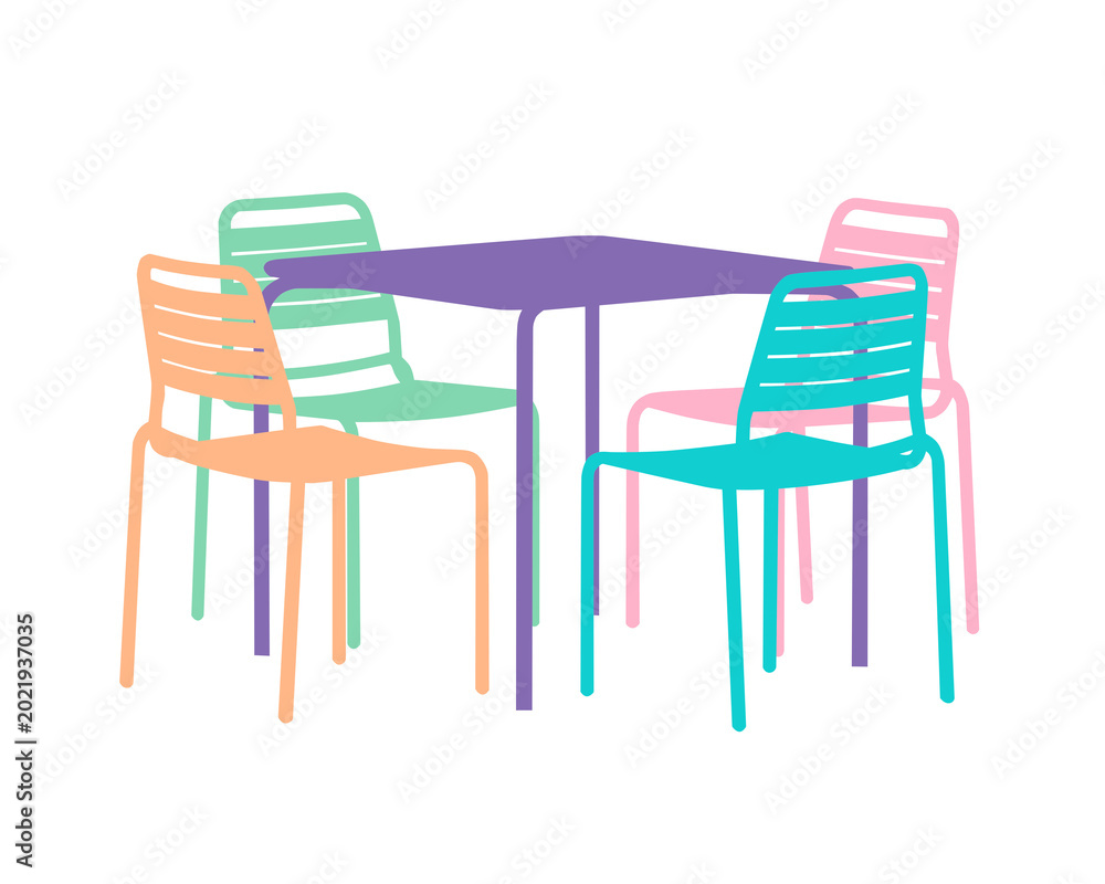 Fototapeta premium Colorful silhouettes outdoor table and chairs isolated on transparent background