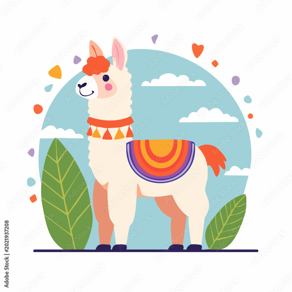 Fototapeta premium Cute Cartoon Llama with Colorful Blanket and Festive Decorations