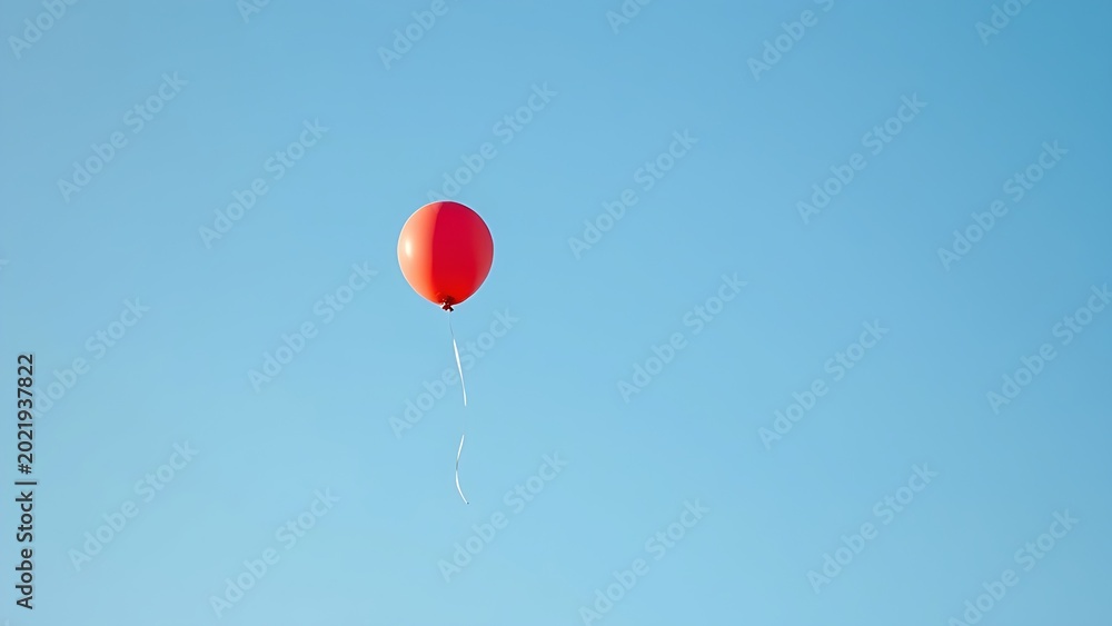 Obraz premium A single red balloon floating upwards in a clear blue sky, its untied string gently swaying.