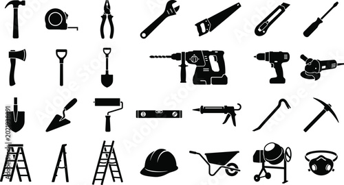 Tableau sur toile Construction tools silhouette icon collection including hammer drill wrench saw