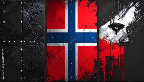Triptych of vertical panels with black leather silver studs norwegian flag and corpsepaint brushstroke in a modern minimalist heavy metal generative AI