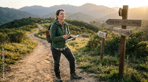 A woman stands on a dirt path in a mountainous landscape, holding a map and looking purposeful.