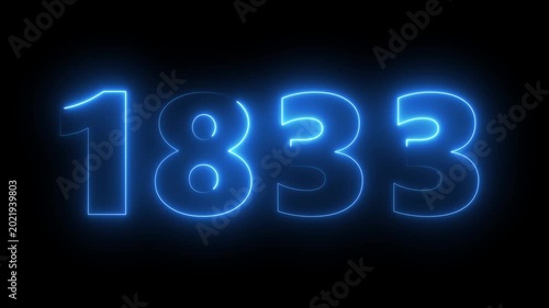 Glowing blue neon number 1833 sign, electric light typography animation on black background