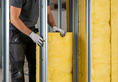 Construction worker installing insulation yellow material